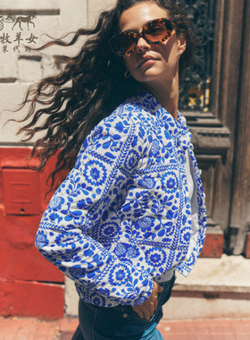 英国Boden代购 女装26春新款 英伦蓝色碎花长袖休闲夹克棉服外套