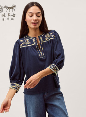 英国Monsoon代购 女装26春新款 英伦蓝色绣花百搭长袖T恤衬衫上衣