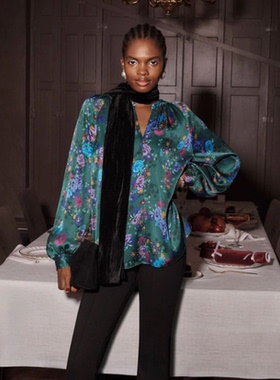 英国Hobbs代购 女装26春季新款 英伦绿色碎花百搭长袖T恤衬衫上衣