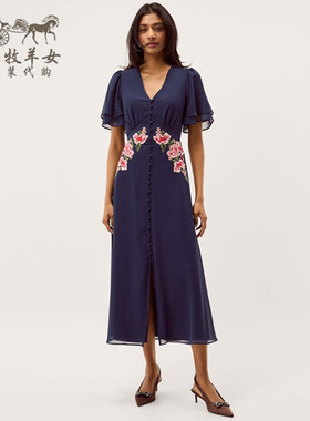 英国Monsoon代购 女装26春新款 蓝色绣花短袖礼服中长裙连衣裙子