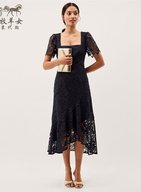 英国Monsoon代购 女装26春新款 蓝色蕾丝短袖礼服中长裙连衣裙子