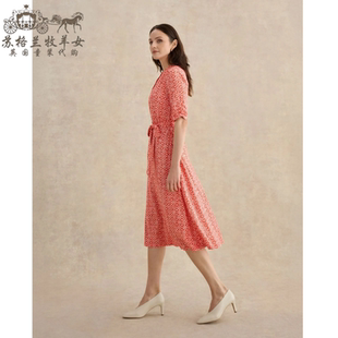 英国Hobbs代购 女装26春夏新款 红色碎花短袖中长衬衫裙连衣裙子