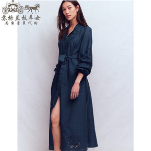 英国Boden代购 女装26春新款 蓝色绣花长袖亚麻A字中长裙连衣裙子