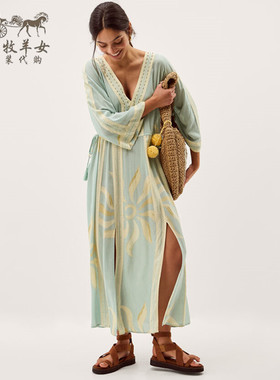 英国Monsoon代购 女装26春新款 蓝色印花长袖沙滩中长裙连衣裙子