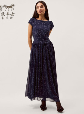 英国Monsoon代购 女装26春新款 蓝色波点短袖A字裙中长裙连衣裙子