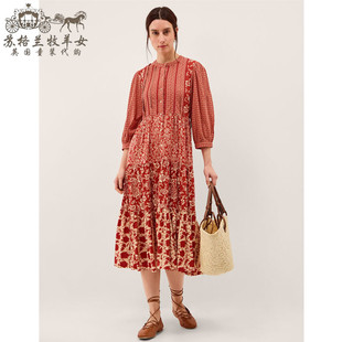 英国Monsoon代购 女装26春夏新款 红色碎花 短袖中长裙 连衣裙子