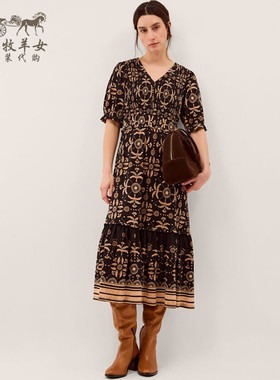 英国Monsoon代购 女装26春夏新款 黑色印花V领短袖中长裙连衣裙子
