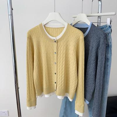 简约大气百搭撞色假两件白边针织衫女设计感小众高级感开衫薄毛衣