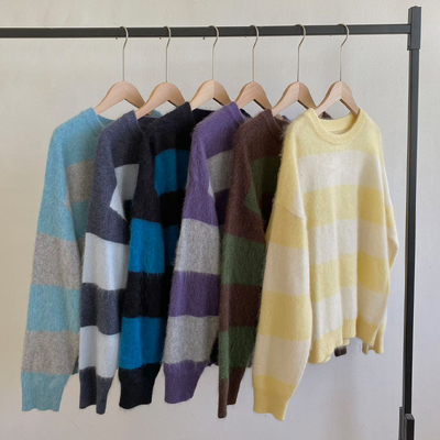 圆领拼色条纹100%纯羊毛衫