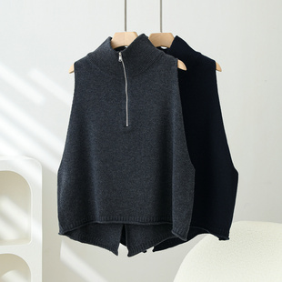 拉链慵懒风马甲马夹女装 全羊毛衫 背心针织衫 拉风设计师款 OL时尚