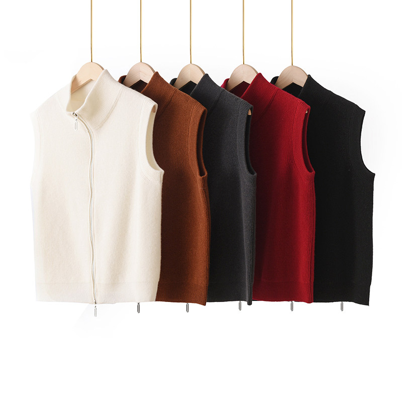 秋季新款立领双拉链高档羊毛针织马甲女叠穿套头时尚毛衣马夹背心