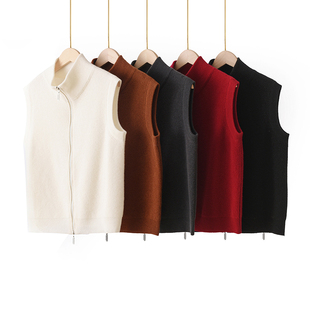 秋季新款立领双拉链高档羊毛针织马甲女叠穿套头时尚毛衣马夹背心