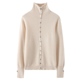 E家同款~前后两穿堆领100%纯羊毛衫女单排扣高领毛衣针织打底绒衫