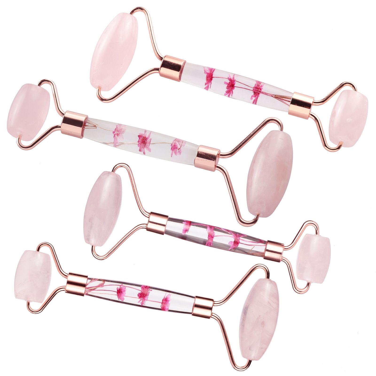 天然水晶玉石双滚轮按摩器 树脂小花手柄脸部经络手持滚轮按揉棒