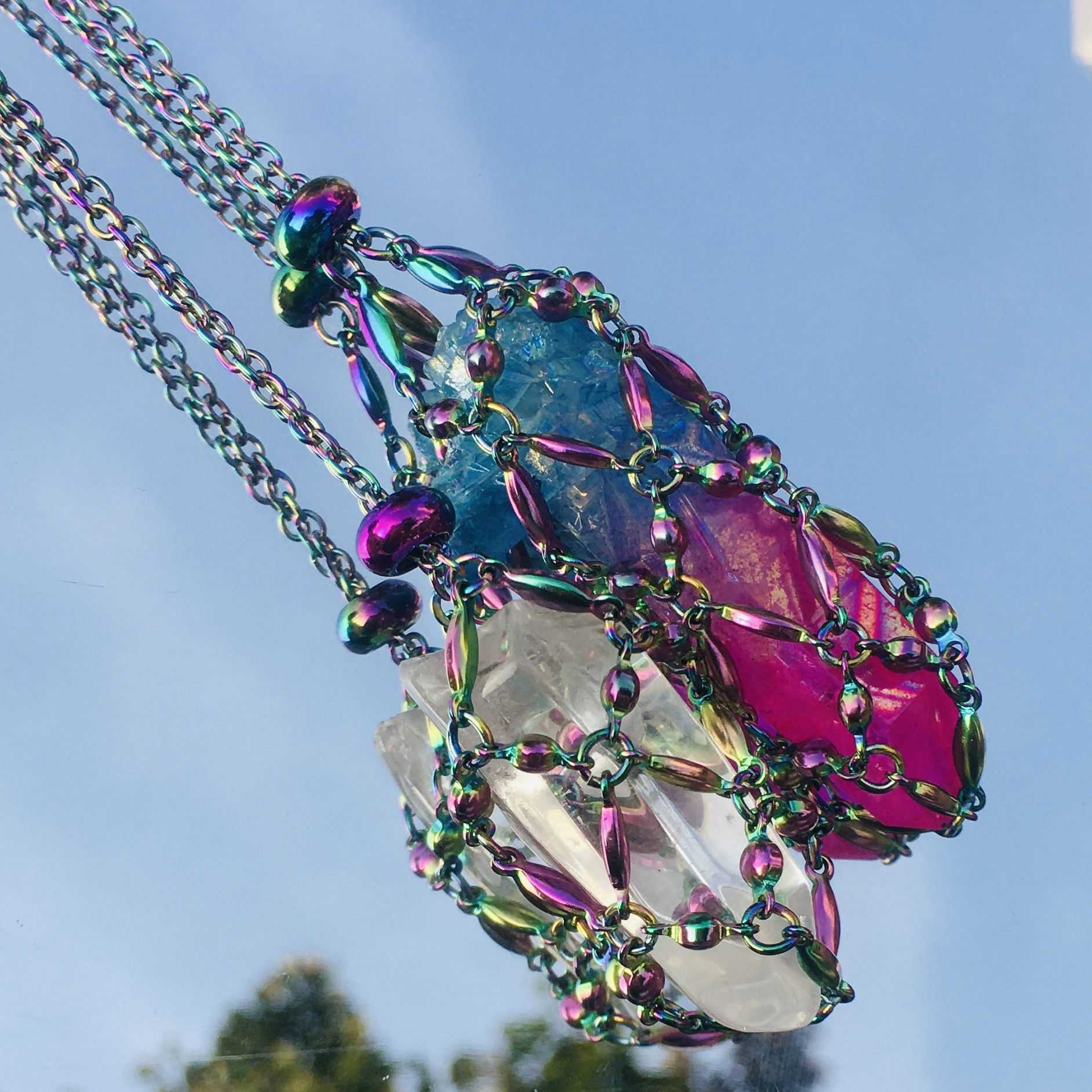 欧美流行新款不锈钢真空镀炫彩米珠豆链款金属网兜可调节水晶项