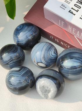 天然水晶黑缠丝玛瑙球丝滑带晶矿装饰品摆件收藏