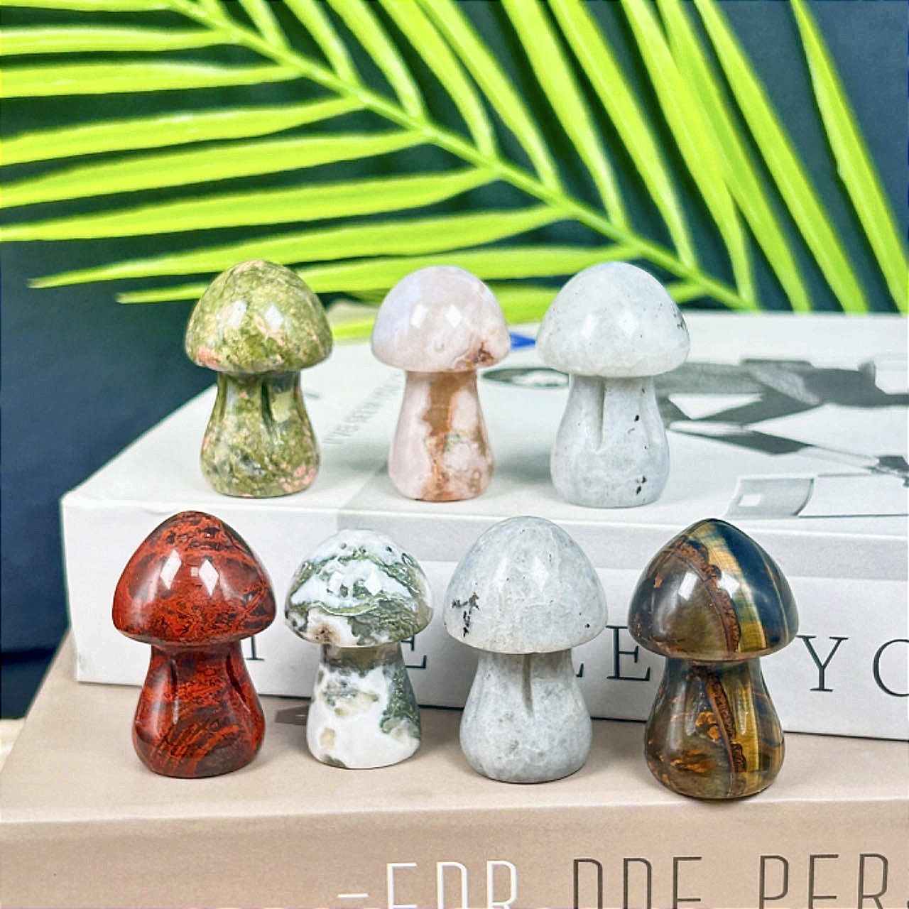 原厂天然水晶欧美跨境原石混合材质打磨小蘑菇摆件雕刻件热卖