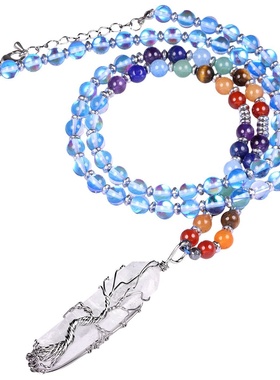 不规则天然白水晶条绕生命树吊坠项链闪光石配七色圆珠可调节项链