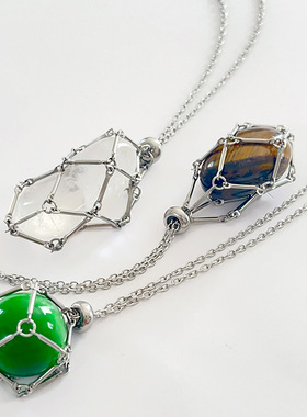 欧美简约小众钛钢金属竹节吊坠配2cm天然石紫水晶网兜锁骨链