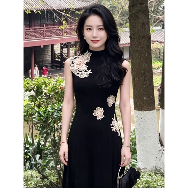 小个子新中式镂空花旗袍连衣裙