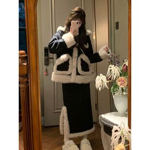 【冰岛暖阳】冬季新款毛绒绒设计感小众显瘦黑色连帽加厚外套半裙