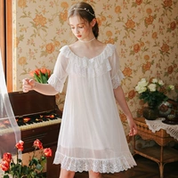 Váy ngủ nữ mùa hè cotton ngắn tay ren gợi cảm lưới mỏng phần lụa băng modal retro công chúa đồ ngủ - Đêm đầm đầm đẹp giá rẻ