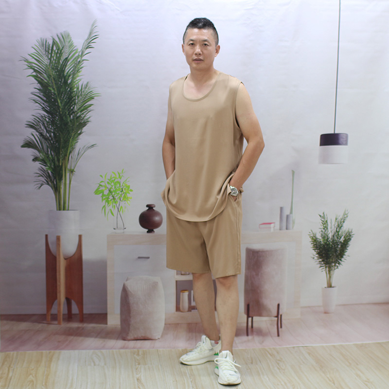夏季棉绸背心短裤套装白色男士青年人造棉特大码加肥休闲运动跑步