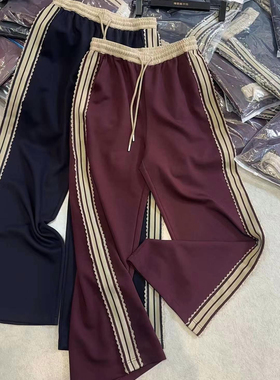 侧边蕾丝阔腿裤女欧货2024早秋新款高腰抽绳宽松垂感显瘦拖地长裤