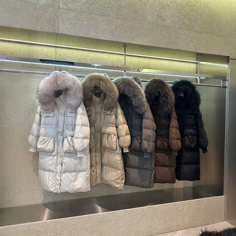 韩版长款连帽大毛领白鸭绒