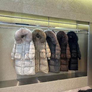 过膝长款 韩版 新款 2024冬季 白鸭绒外套 连帽收腰大毛领羽绒服女长款