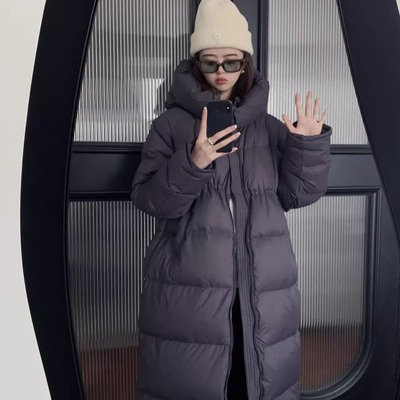 韩版长款连帽白鸭绒羽绒服