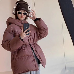 蓬松保暖白鸭绒面包服外套 2024冬新款 韩版 连帽收腰羽绒服女中长款