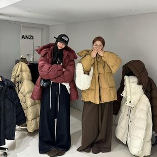 冬龟背时髦白鸭绒外套 2024年新款 欧版 宽松立领连帽羽绒服女中长款