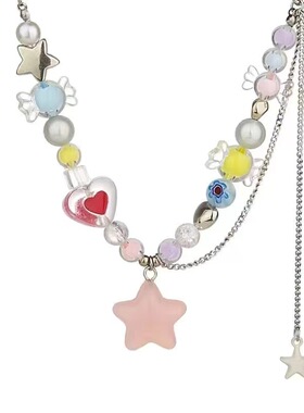 糖果乐园多巴胺彩色串珠星星流苏项链女气质颈链甜酷辣妹锁骨链饰