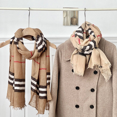小众棉麻格子围巾春秋冬高级感新款百搭轻薄围脖围巾披肩丝巾护颈