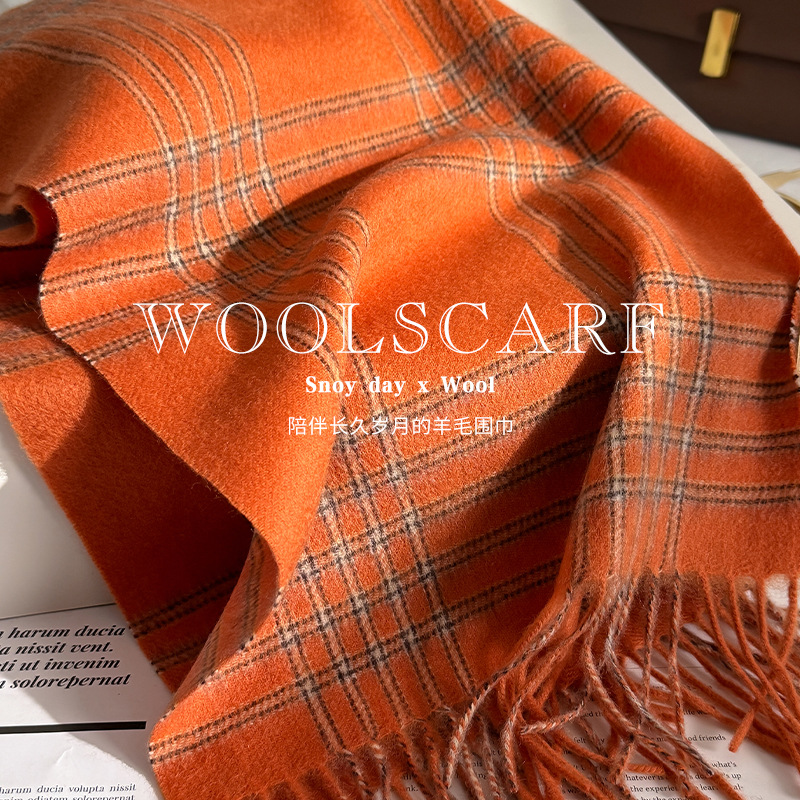100%纯羊毛围巾女冬季2026新款生日礼物圣诞元旦格纹流苏情侣围脖