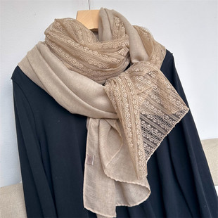 亚麻色蕾丝棉麻薄款围巾女冬季披肩春秋洋气时尚围脖丝巾纯色纱巾