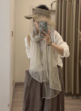日韩肌理感亚麻褶皱薄款丝巾女秋冬季慵懒风百搭围脖时尚防晒披肩