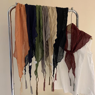 日系棉麻三角巾围巾女单色挂须春秋薄款褶皱丝巾百搭时尚围脖披肩