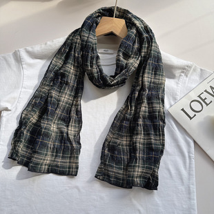100%纯棉文艺格子围巾四季款日系百搭护颈细长条小领巾丝巾女防晒