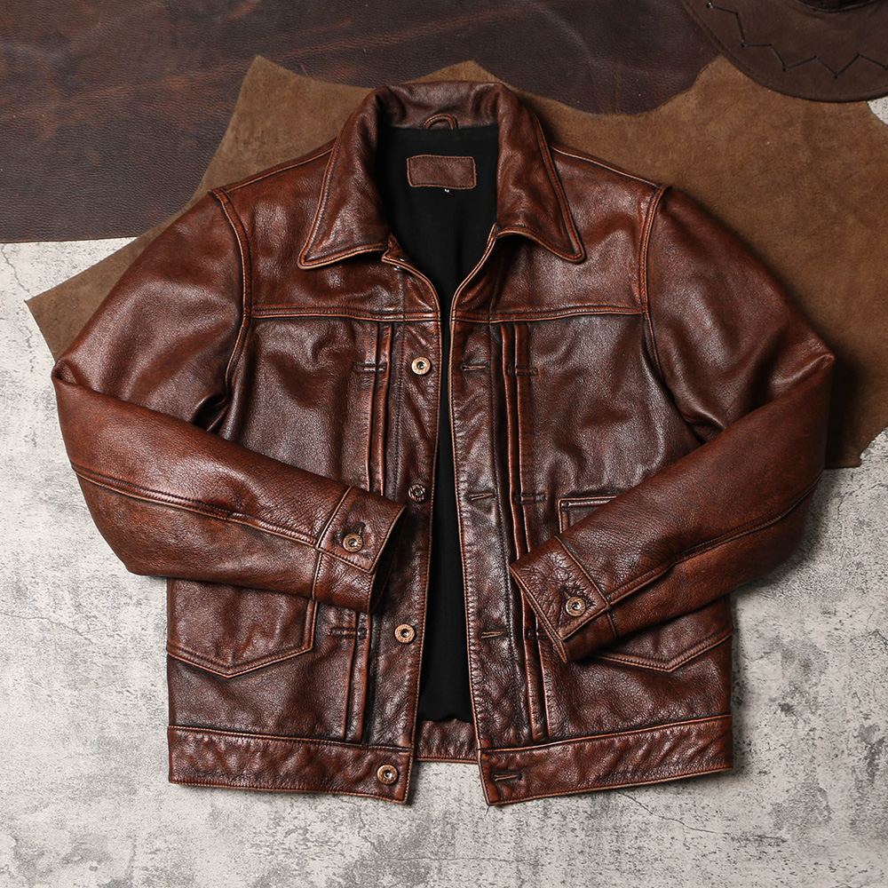石磨做旧古铜色牛皮506皮夹克