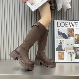 高筒弹力靴女瘦瘦靴冬季粗跟厚底增高马丁靴复古英伦风骑士靴