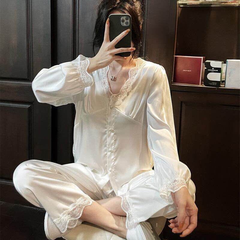 维多控真丝睡衣套装女V领蕾丝公主风甜美花边蚕丝家居服网红薄款