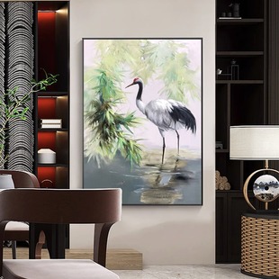 新中式仙鹤手绘油画书房竹子装饰画简约客厅玄关丹顶鹤动物挂画