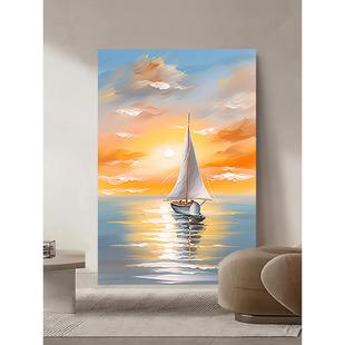 一帆风顺纯手绘油画日出玄关装饰画客厅奶油风肌理画抽象风景挂画