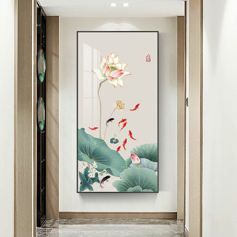 手绘新中式玄关花卉油画客厅立体荷花九鱼图走廊背景墙装饰画定制图片