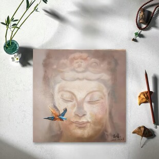陈志峰202禅意观音翠鸟手绘油佛像艺术玄关厅堂装饰画挂画