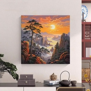 日出东方纯手绘油画新中式迎客松装饰画客厅山水风景肌理玄关挂画