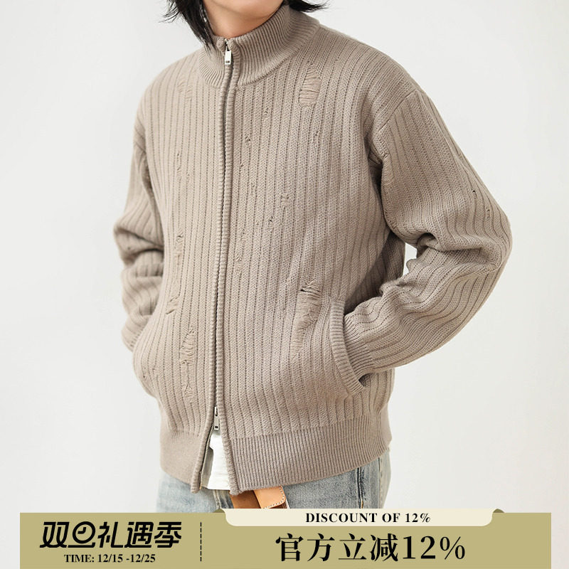 MBBCAR窄幅美式复古拉链开衫毛衣