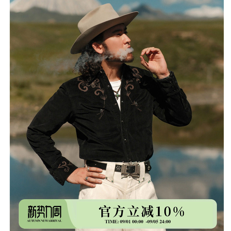 西部系列11.5OZ黑色水洗灯芯绒 玉米花绣花音乐家衬衫 MBBCAR窄幅图片